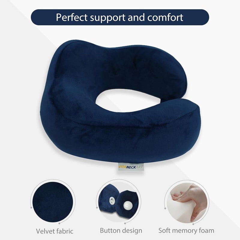VITANECKART Hump travel pillow, High-end memory foam neck pillow, double support for neck, head and chin, 360° ergonomic design full neck wrap pillow, suitable for office, airplane and car (Dark blue) - Image 4